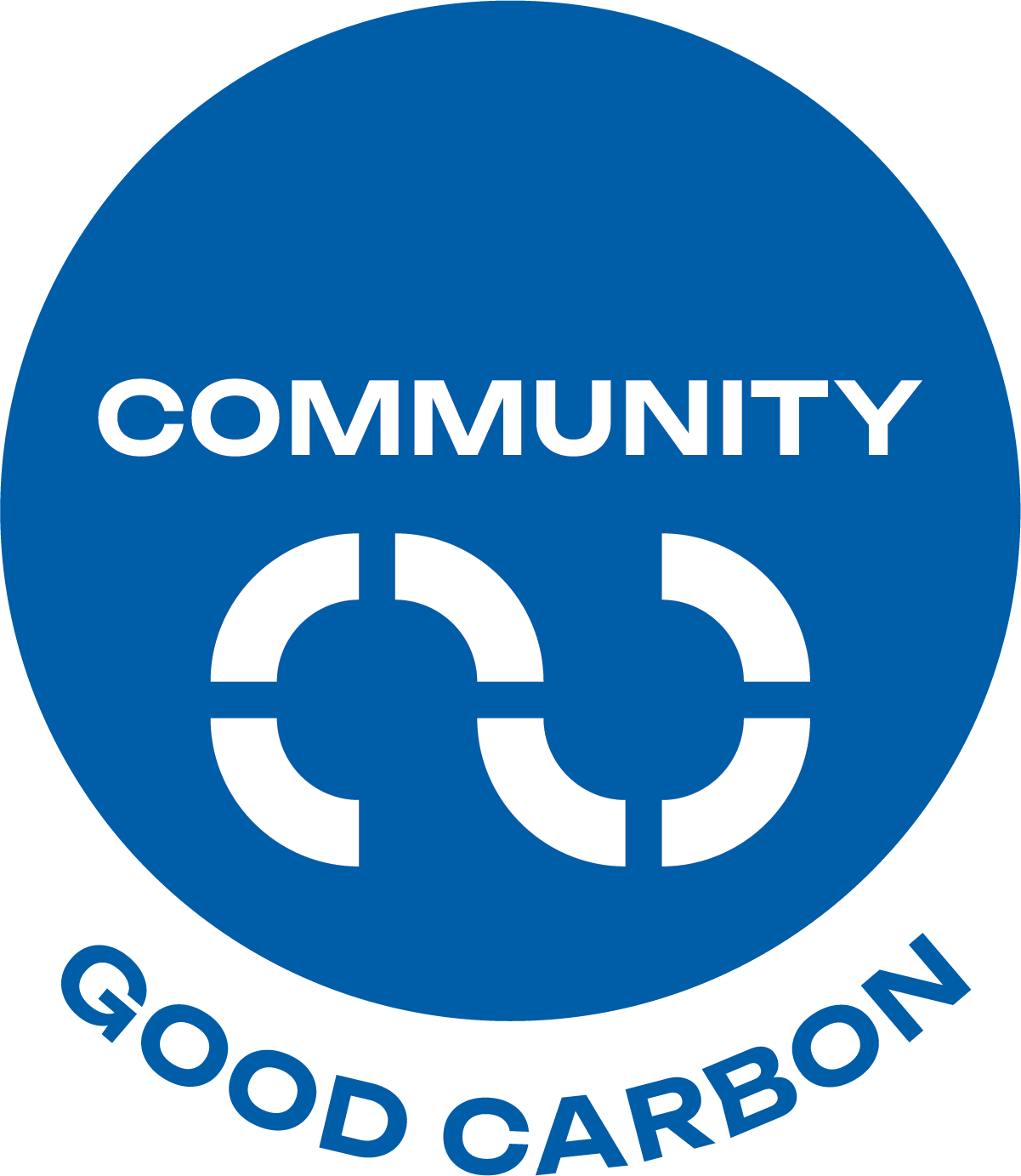 A blue circle with the words "COMMUNITY GOOD CARBON" written in white.
